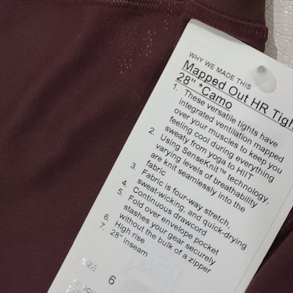 Nwt Lululemon  28" mapped out Tight 28" cassis/smoky red SenseKnit *camo* - Picture 8 of 8